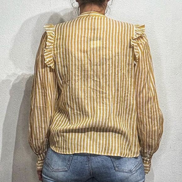 Joe's The Ruffle Bib Yellow Metallic Stripe Button Down Blouse Sz L NWT - Picture 9 of 11